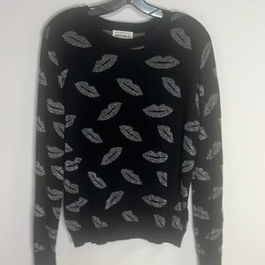 For The Republic Black Knit Crewneck Sweater with Silver Metallic Lips Y2K Style